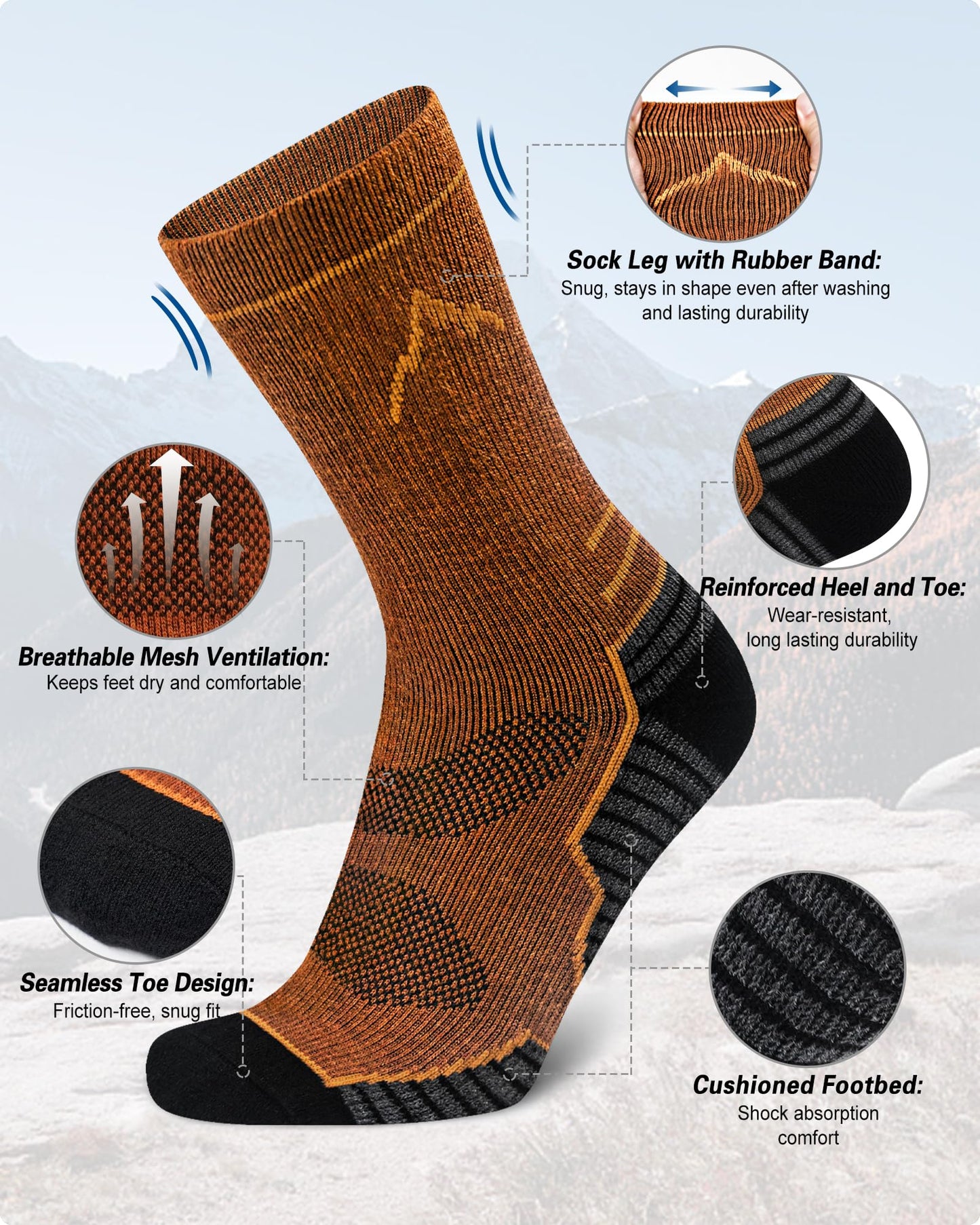 SIXDAYSOX Mens Merino Wool Hiking Socks, Moisture Wicking Cushioned Hiking Socks for Outdoor Trekking Cycling, 2 Pairs