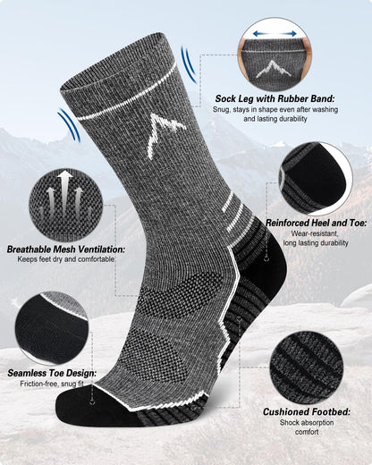 SIXDAYSOX Mens Merino Wool Hiking Socks, Moisture Wicking Cushioned Hiking Socks for Outdoor Trekking Cycling, 2 Pairs