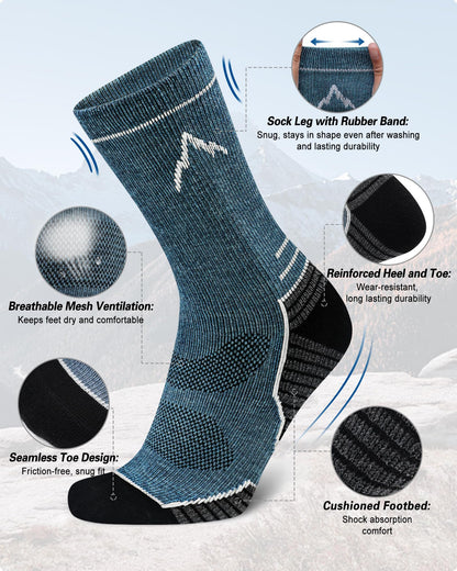 SIXDAYSOX Mens Merino Wool Hiking Socks, Moisture Wicking Cushioned Hiking Socks for Outdoor Trekking Cycling, 2 Pairs