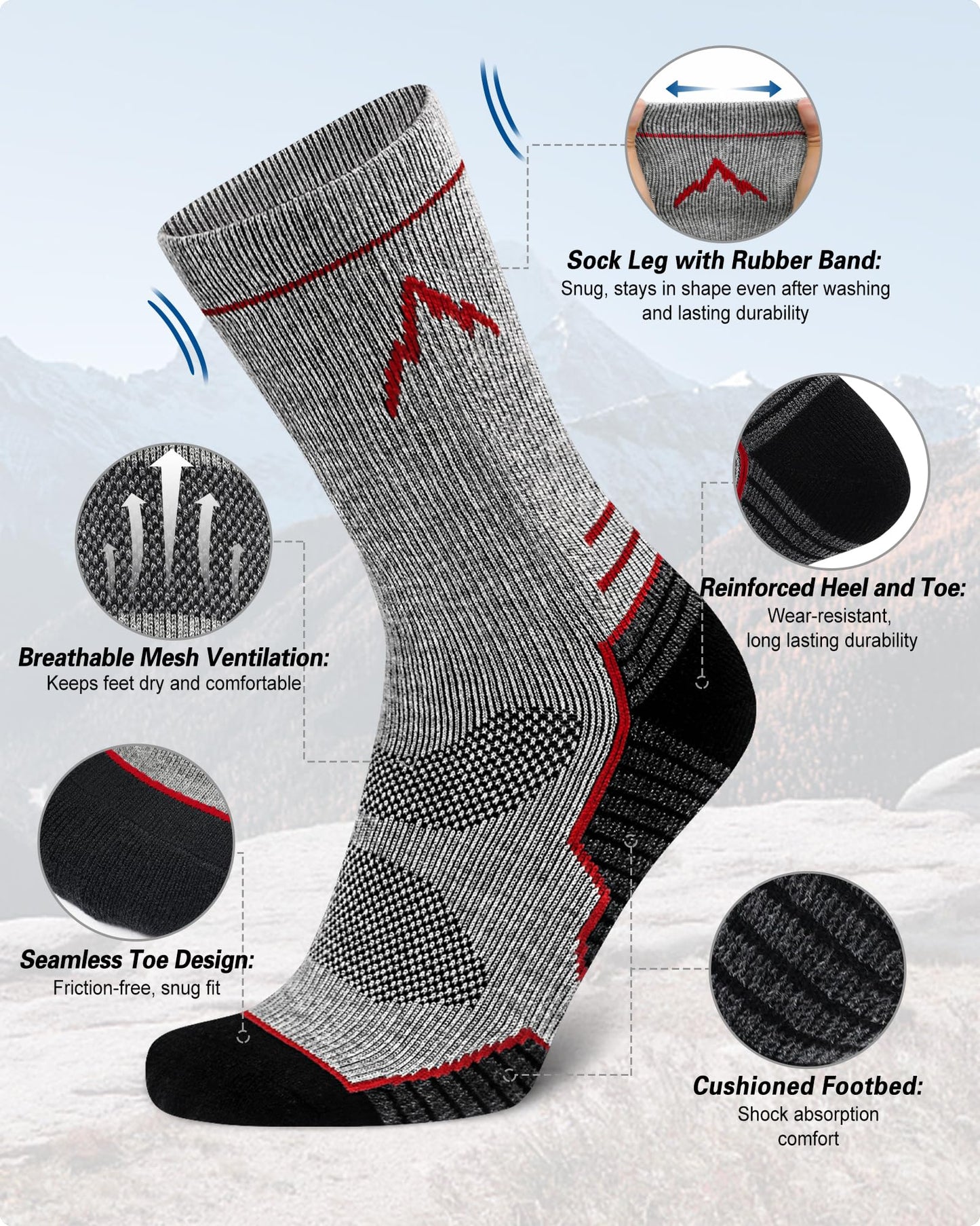 SIXDAYSOX Mens Merino Wool Hiking Socks, Moisture Wicking Cushioned Hiking Socks for Outdoor Trekking Cycling, 2 Pairs