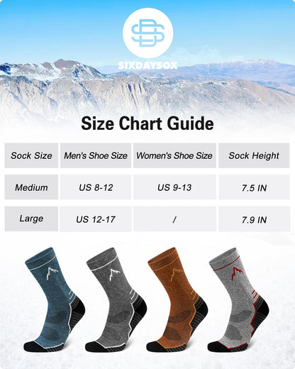 SIXDAYSOX Mens Merino Wool Hiking Socks, Moisture Wicking Cushioned Hiking Socks for Outdoor Trekking Cycling, 2 Pairs